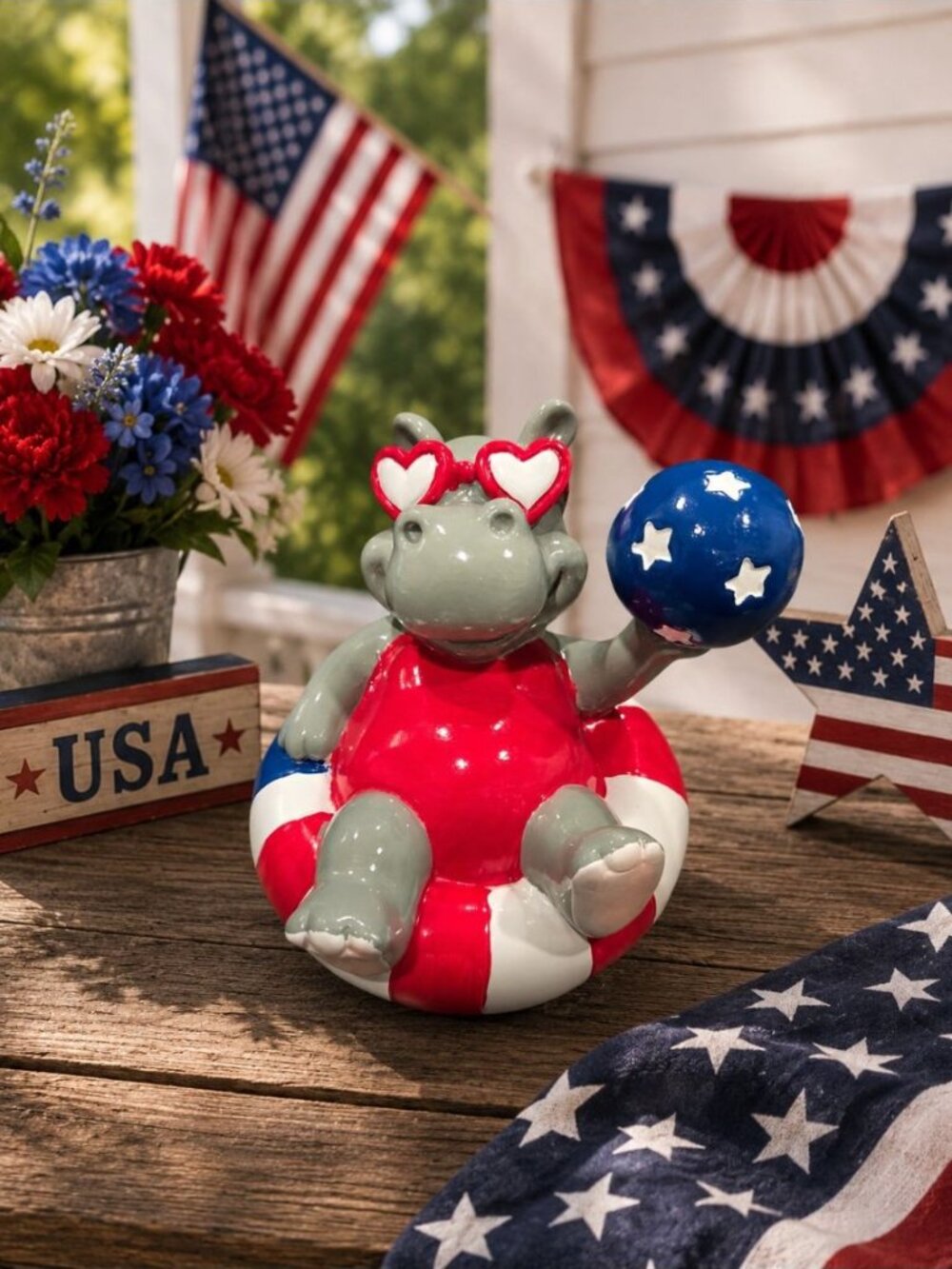 New Hippo Firgurine Red White Blue Pool Float Statue W/ Heart Sunglasses Decor